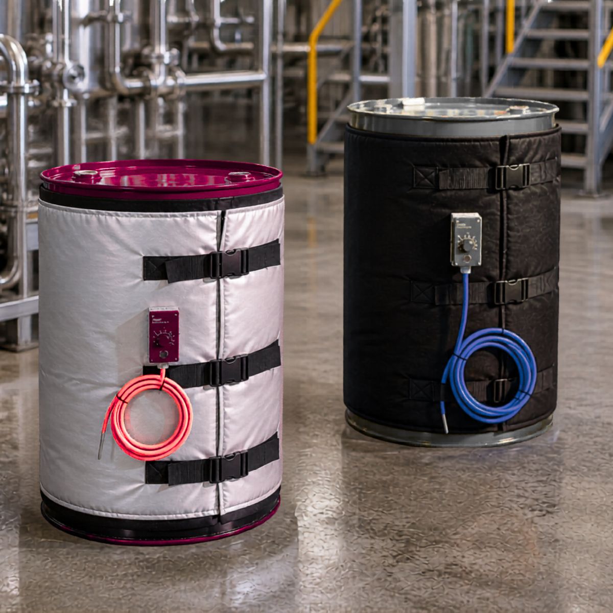 Silicone drum case heater jacket on industrial barrels — Elmat Srl