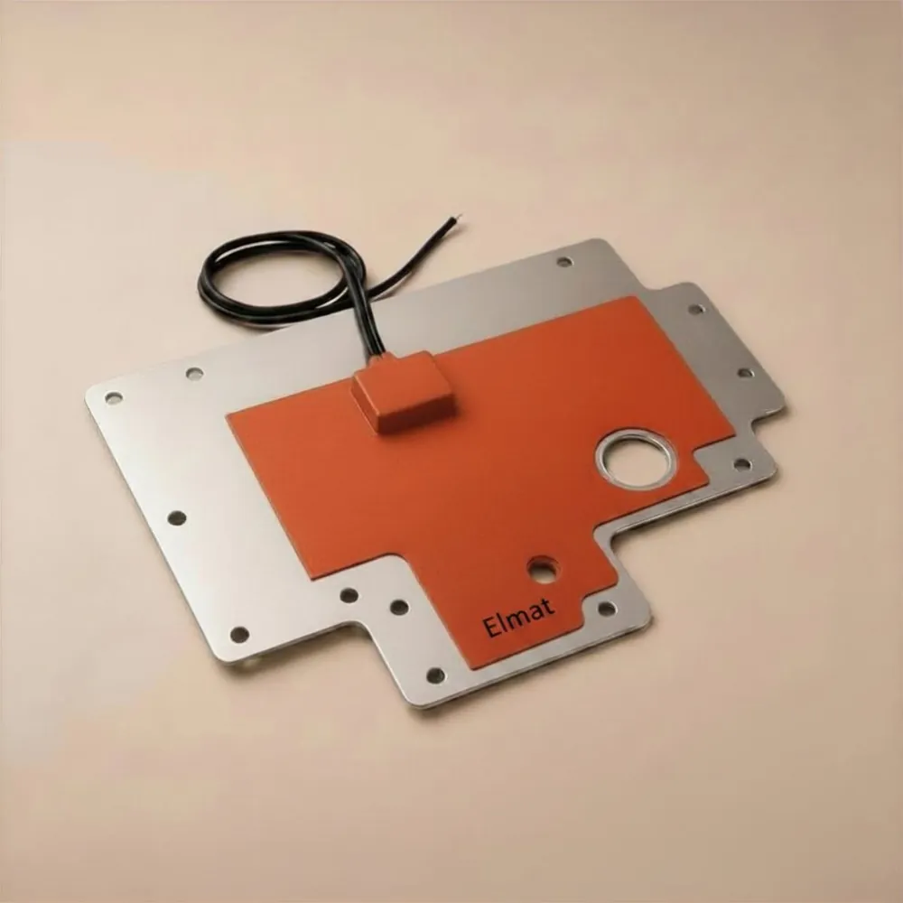 Custom-shaped silicone flexible heater vulcanised onto a machined metal plate — Elmat Srl