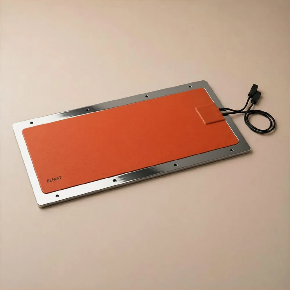 Rectangular silicone flexible heater bonded to a stainless steel plate with connector cable — Elmat Srl